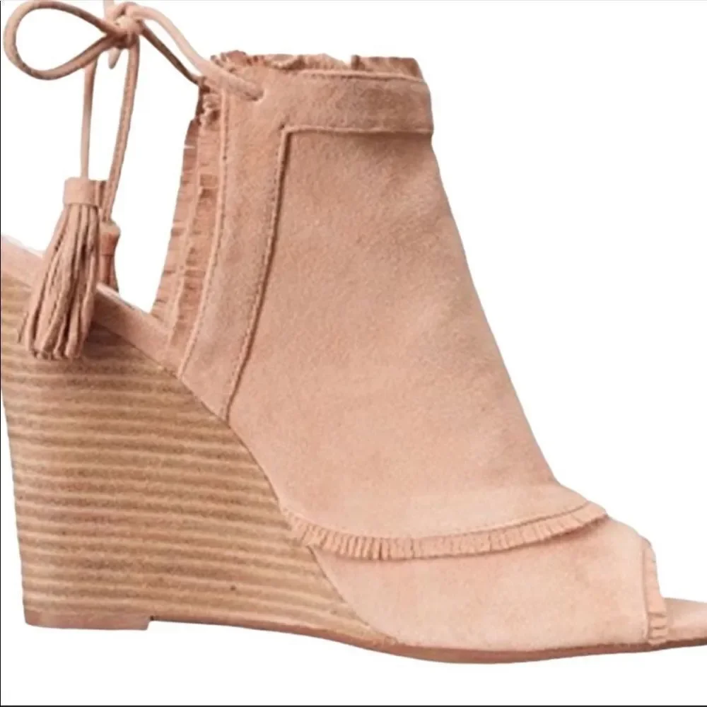 Suede Leather Woodgrain Wedge Tassel Ankle Strap Booties Kristin Cavallari NEW